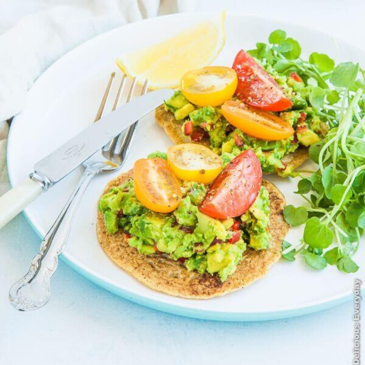 Chickpea Pancakes with Avocado, Tomato, and Watercress | Delicious Everyday