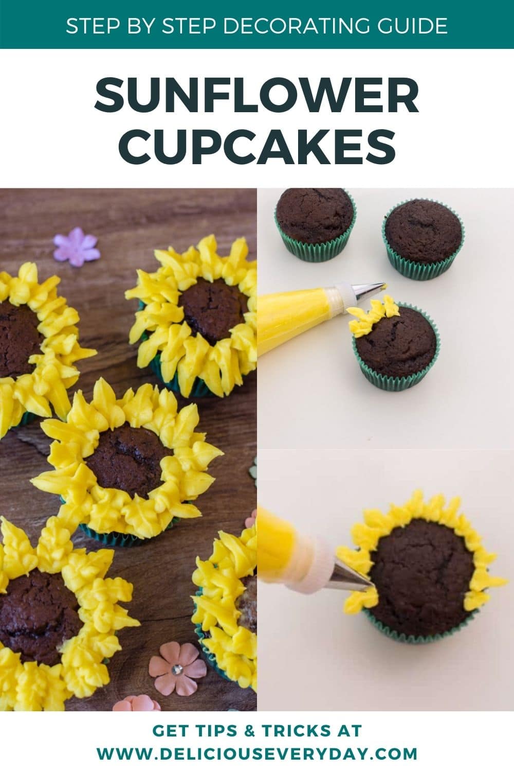 Sunflower Cupcakes Step By Step Decorating Guide Delicious Everyday   Sunflower Cupcakes Pin6 